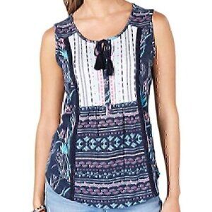 NEW STYLE CO PETITE Mixed Print Tie Tank Top Blue Pink Aztec Tribal Boho Lace PS